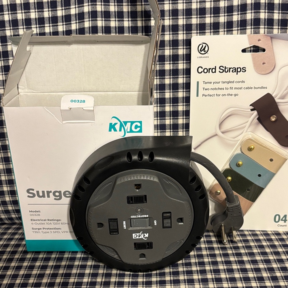 Black Surge Protector with USB Ports and cord straps